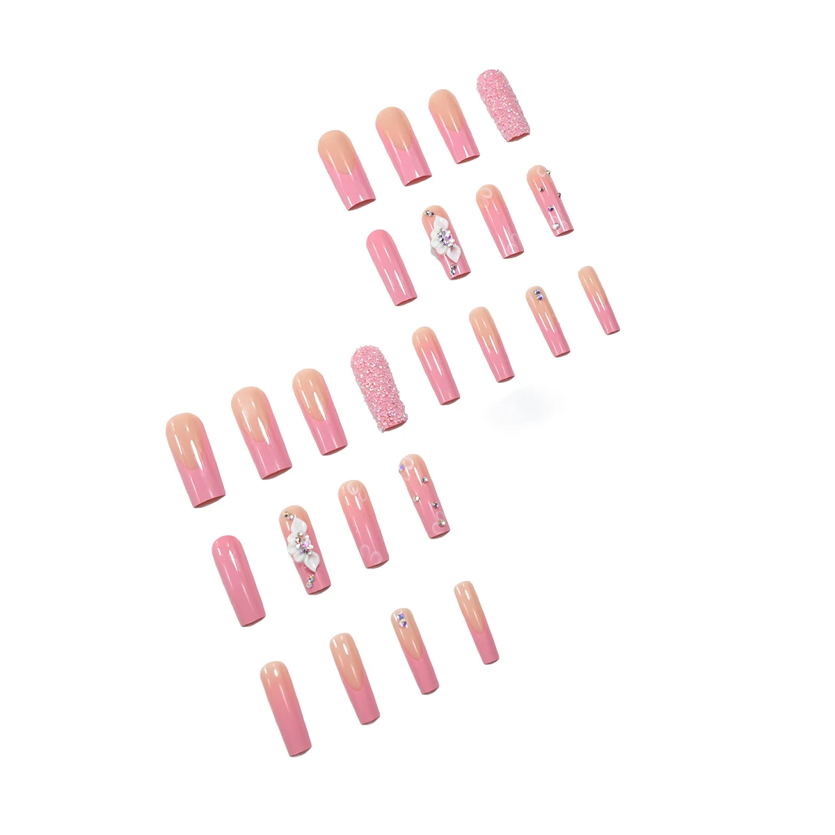 24pcs long square nail hot French pink diamond wearing fake nail piece detachable fake nail rubbing strip & jelly glue