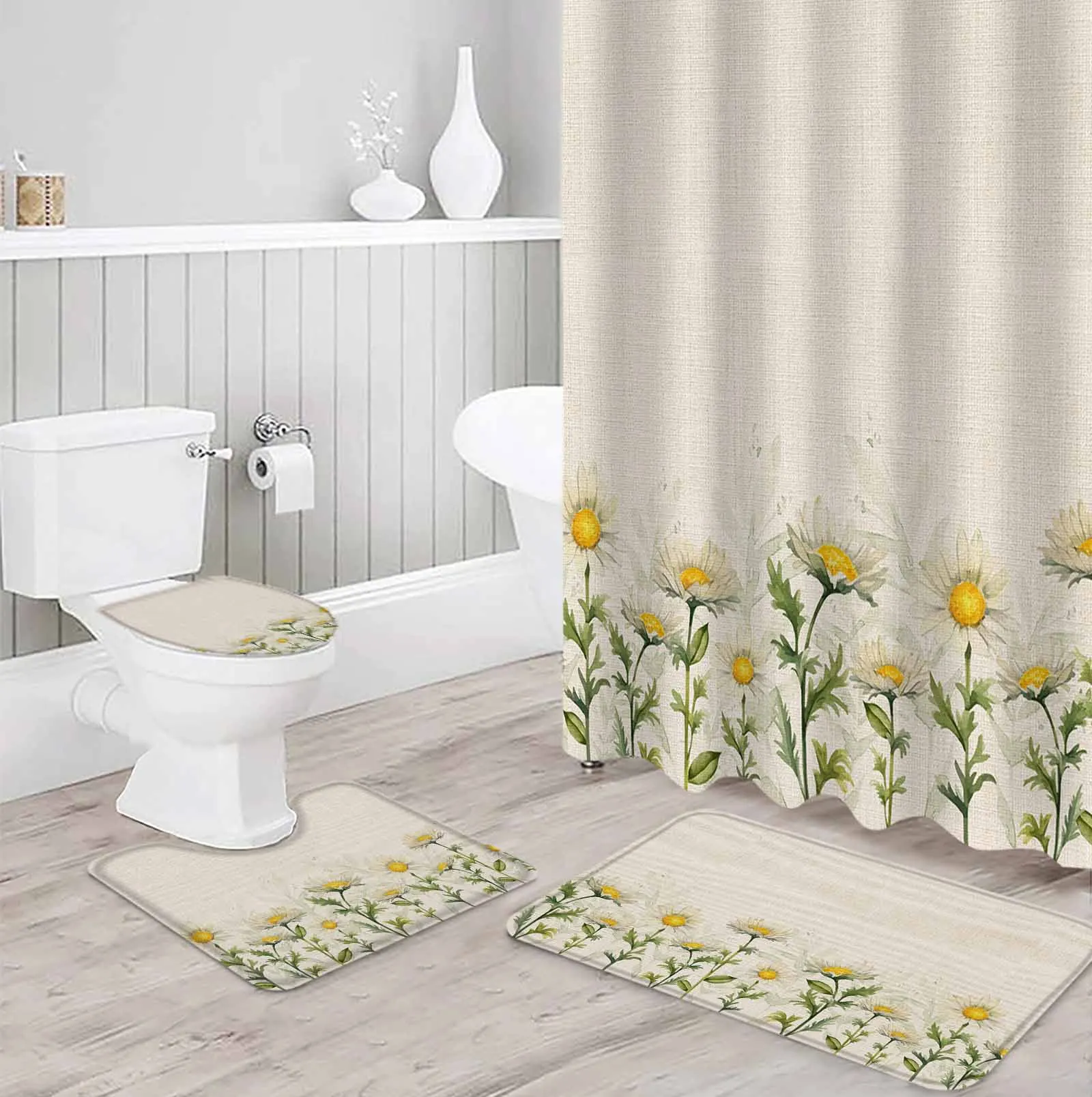 Leaf Daisy Watercolor Polyester printed shower curtain bathroom set,luxurious curtainsabstract 4-piece setcoral fleece floor mat