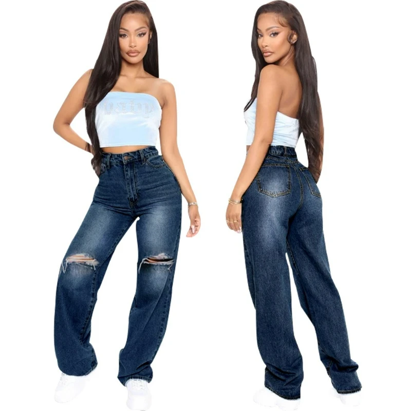 

Denim Pant Women Hole Long Jeans High Waist Straight Trousers Casual Button Zipper Washing Pants Solid Streetwear Splice