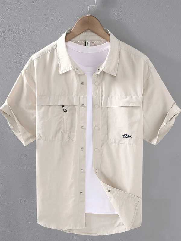 Retro Japanese Style Men's Short Sleeve Work Shirt Casual Summer Trend Dark Button Design Shirt Jacket Versatile Cotton Polye...
