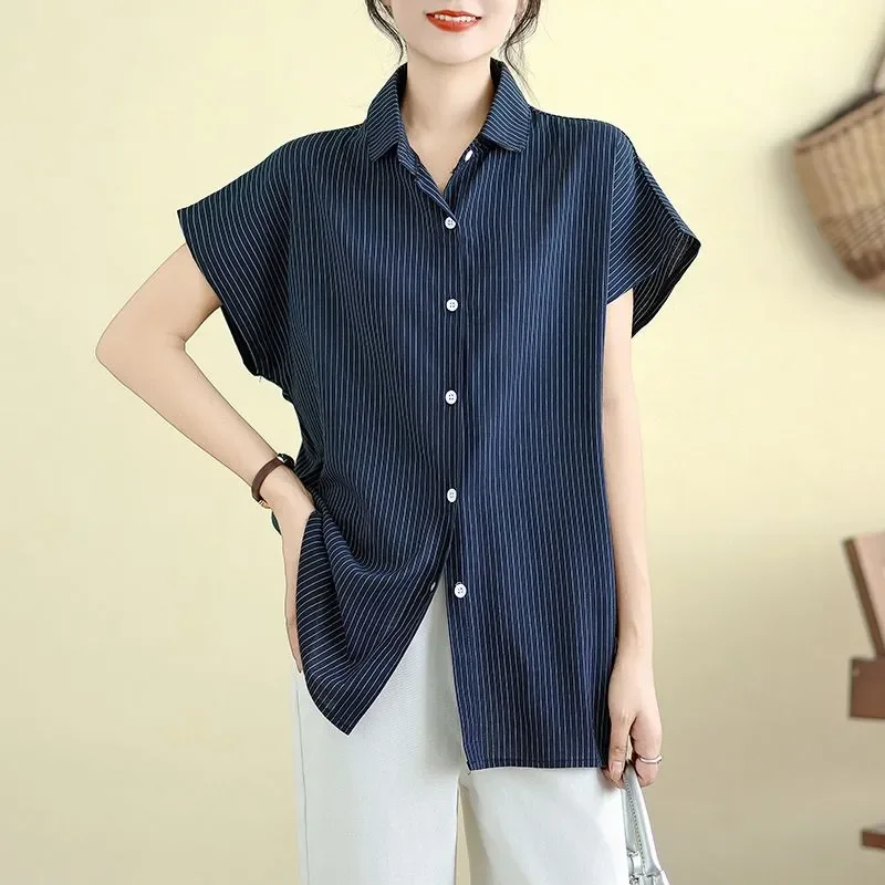 

Cotton and Linen Short-sleeved Shirt Summer Striped New Loose Slim Fit Artistic Mid-length Top