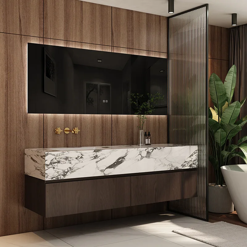 The rock slab is seamlessly connected with the ceramic integrated basin, bathroom cabinet, bathroom washstand, ha