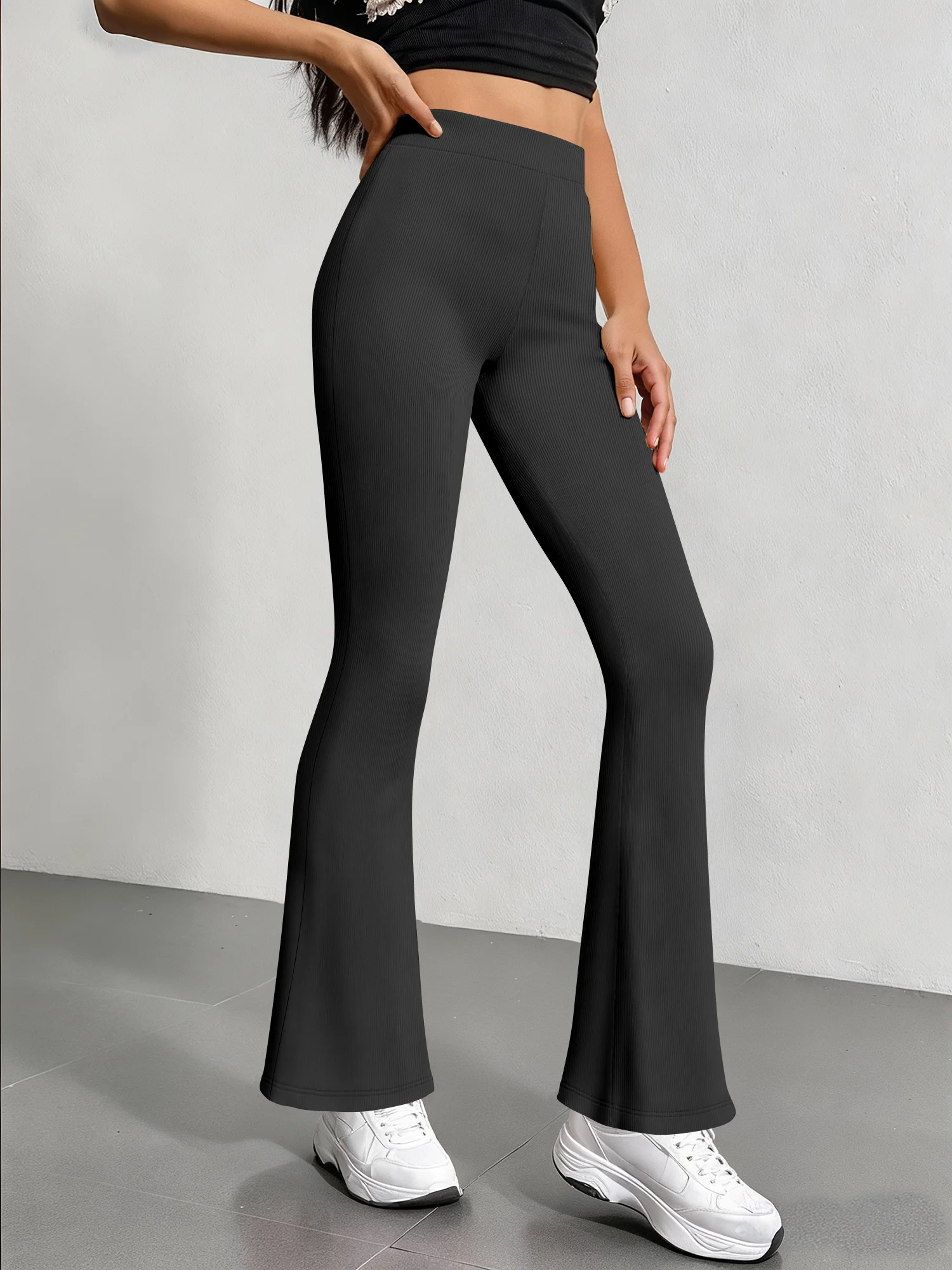 Women High Waist Ribbed Knit Flare Trousers, Solid Color Flowy Bell Hem, High Stretch Butt Lift Pants Yoga Commute Daily Wear