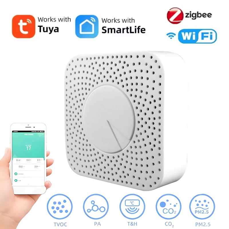 

Tuya WiFi ZigBee Air Quality Detector PM2.5 Formaldehyde VOC CO2 Temperature Humidity 6in1 Smart Air Box Sensor Via Alexa Google