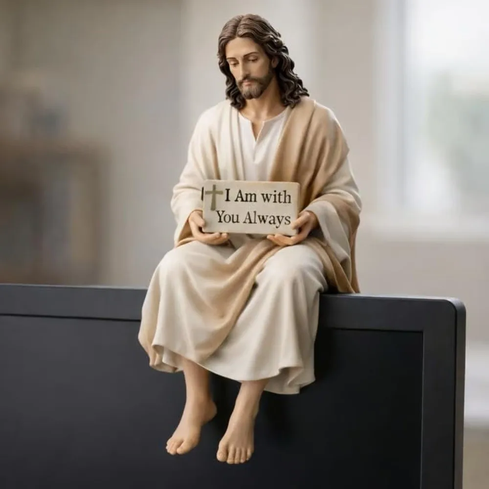 Estátua de Resina Virgem Maria Sentada com Mensagem 'Estou Contigo Sempre' - Companheira de Mesa em Resina
