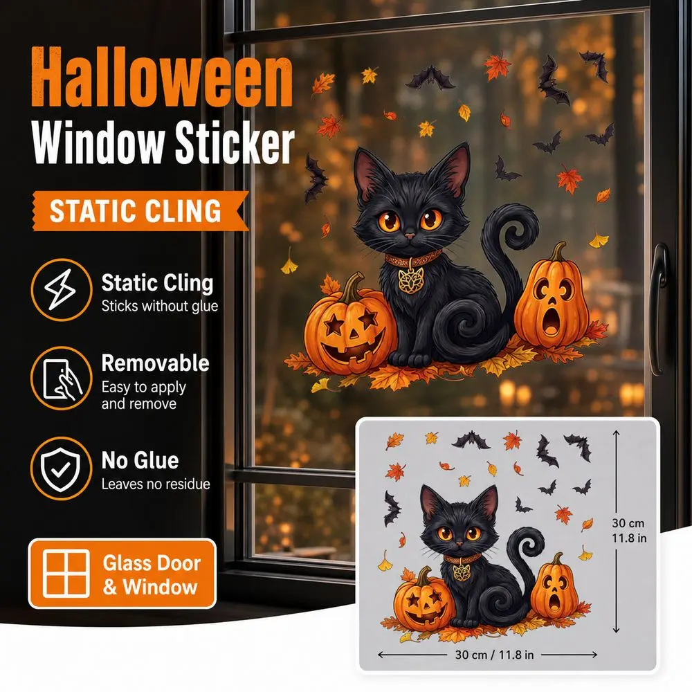 Static Glass Decal Halloween Window Sticker Static Cling Black Cat Pattern Black Cat Window Sticker Pumpkin Pattern Bat Pattern