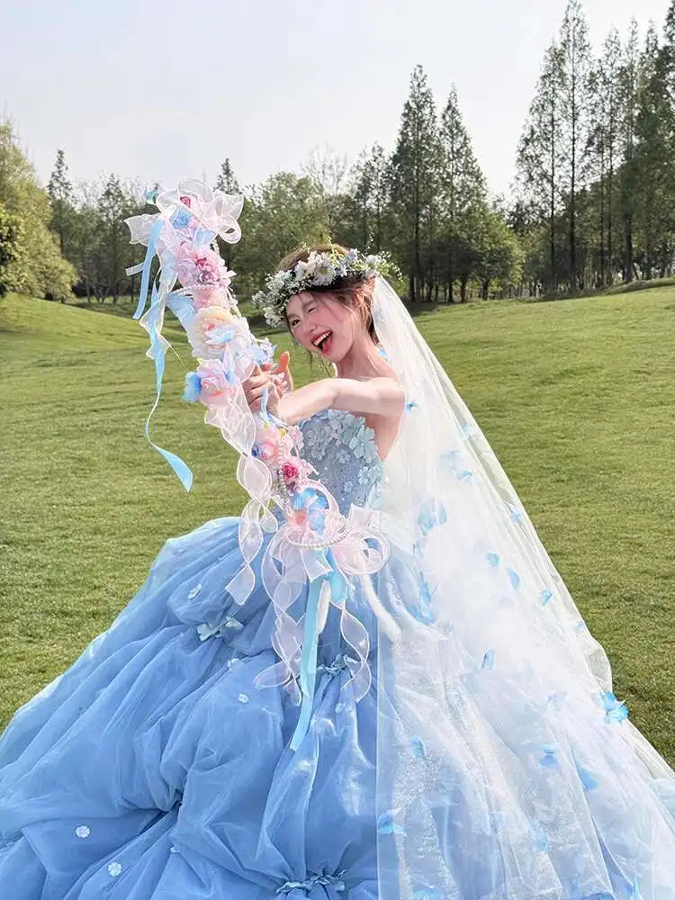 

Blue Flower God Wedding Dress High End Evening Dress 2025 New Style Flower Tail Super Fairy Learning Adult Ceremony Premium