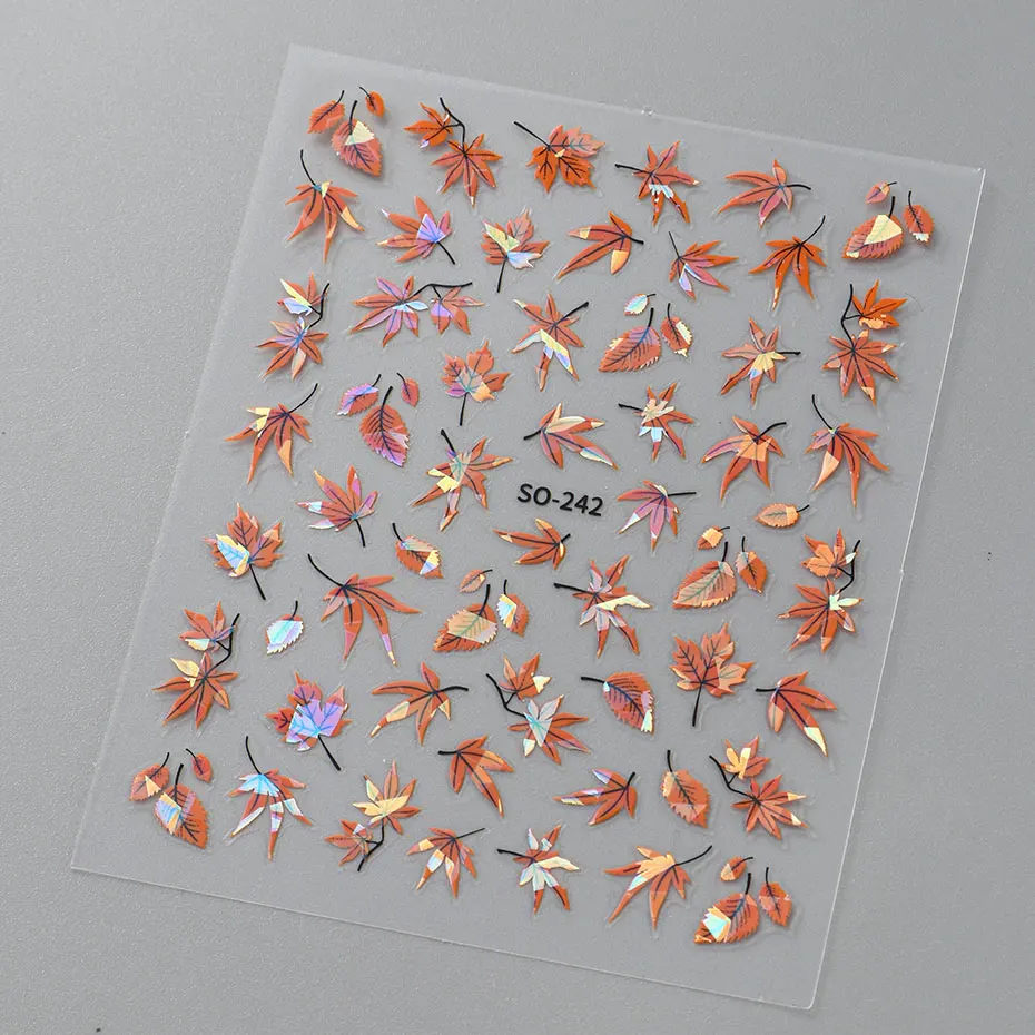 2pcs 3D Autumn Charms Nail Decal Laser Maple Leaves Design Nail Art Stickers Fall Leaf DIY Sliders for Nail Foils Manicure Decor