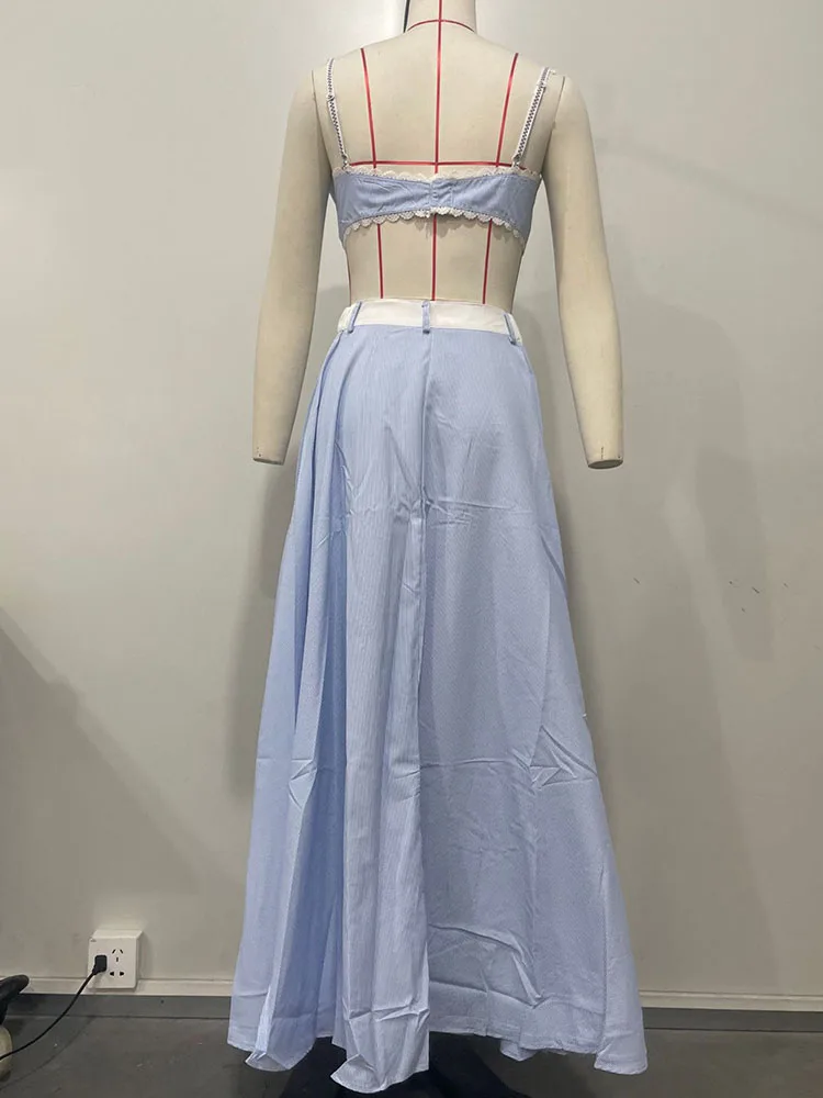 Doyerl Striped 2 Pieces Set for Woman Outfit Birthday Party Lace Patchwork Strap Crop Top and High Waist A-line Long Skirt Sets view 6