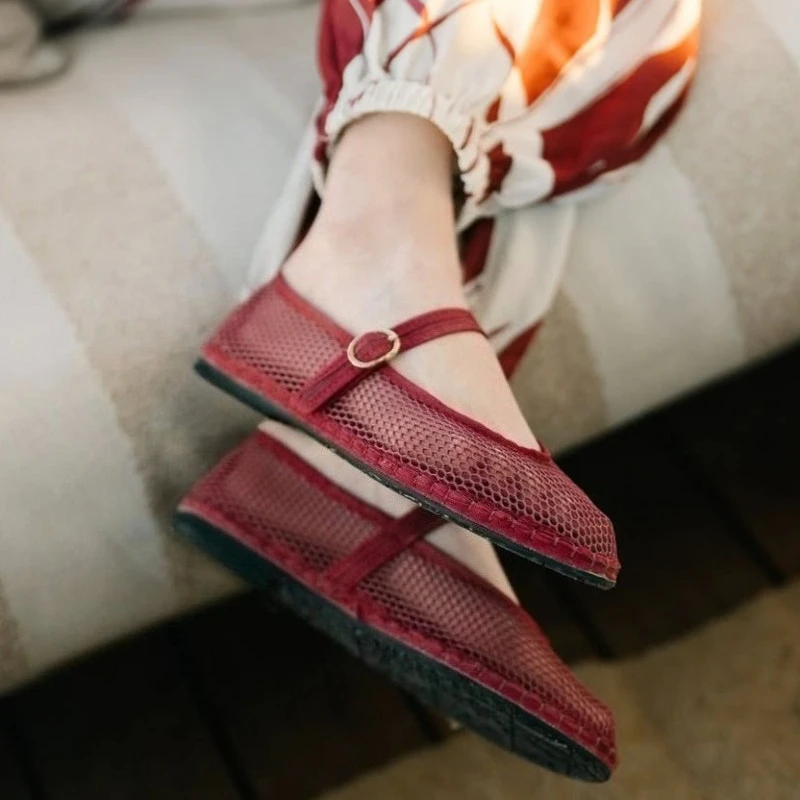 Summer Mesh Ballet Flats Shoes Women Buckle Strap Comfortable Red Mary Jaens Female breathable Black Fishnet Flats Sandals 2026