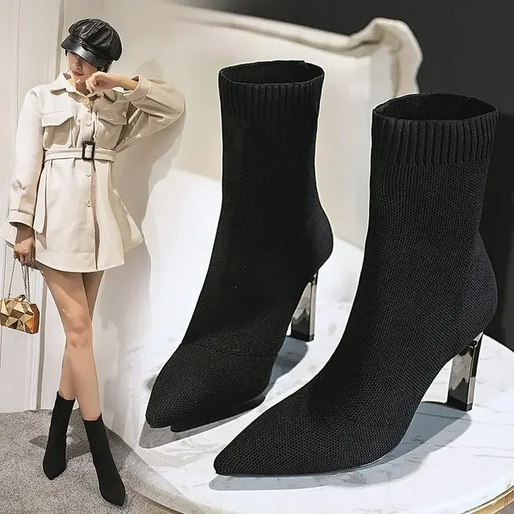 Simple Fashion Stretch Socks Boots for Women High Heels Shoes Knit Socks Boots Skinny Women Pointed Toe Ankle Boots Botas Mujer