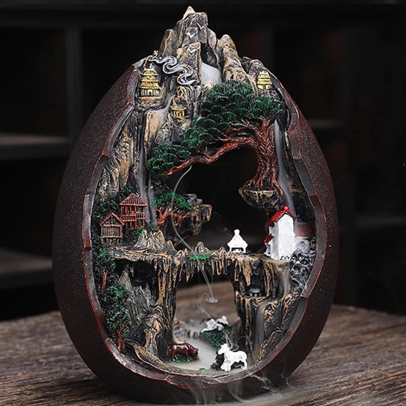 Resin Alpine Flowing Water Aromatherapy Furnace Ornamental Sandalwood Creative Rockery Backflow Incense Furnace, Home Decor, 1Pc