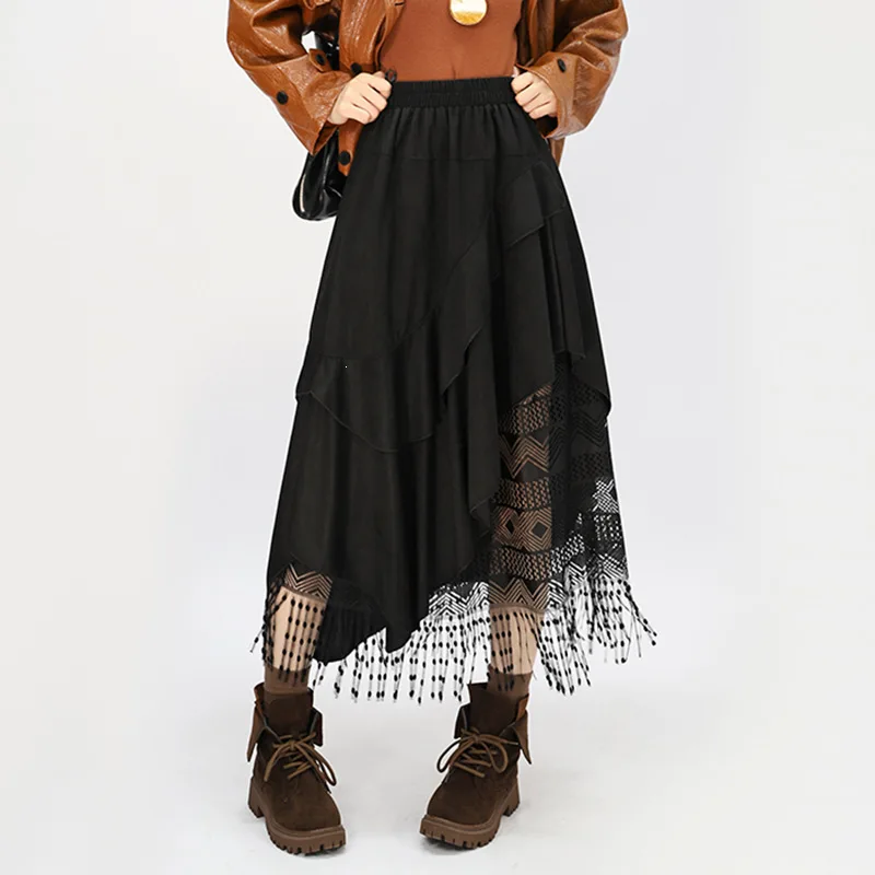 Vintage Brown Irregular Fringe Suede Midi Skirt Women Elastic Waist Mesh Patchwork Asymmetrical Skirt Bohemian Niche Autumn Wear
