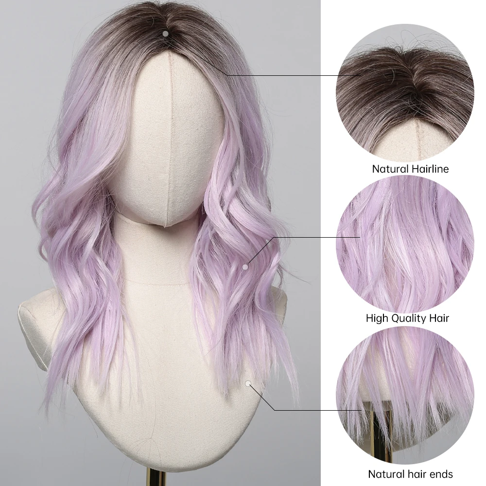 LOUIS FERRE Brown to Light Purple Ombre Synthetic Wigs for Women Short Wavy Cosplay Wigs Daily Lolita Shoulder Length Wigs Hair