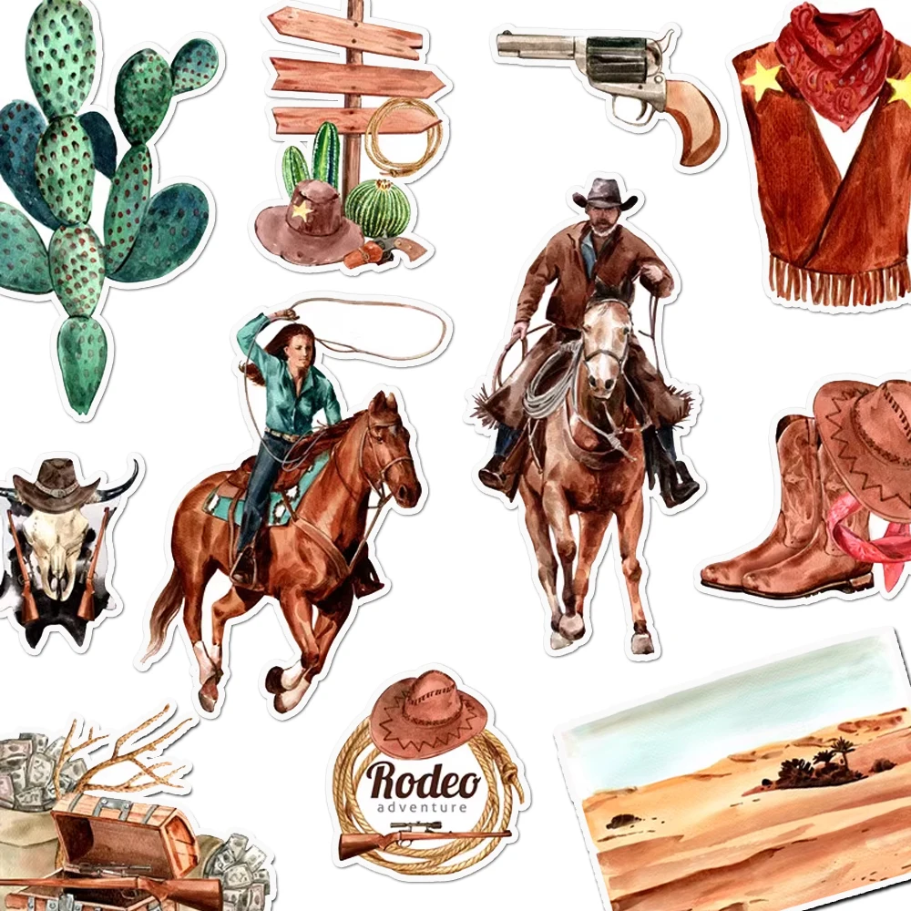 Pack of 36 Watercolor Cowboy Stickers Pack,  Scrapbook Decal Set for Journal, Notebook, Phone, Laptop DIY Craft Decoration