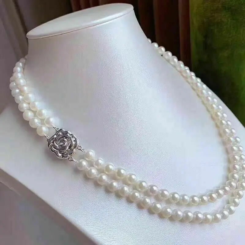 20-inch double-strand AAAA 7-8mm round natural South China Sea white pearl necklace