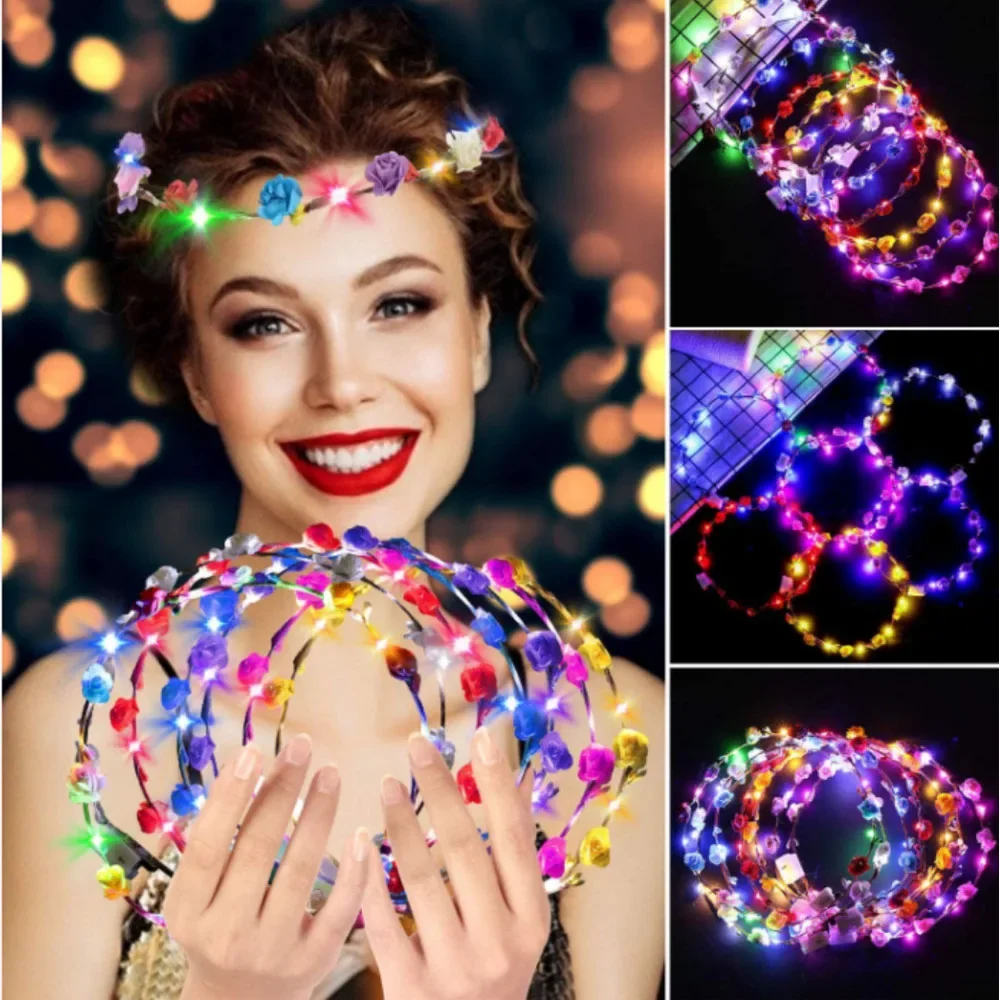 24pcs LED Flower Crown Headband Lights Hair Sets Luminous Headpiece Light up Wreath Headdress Glow Christmas Halloween