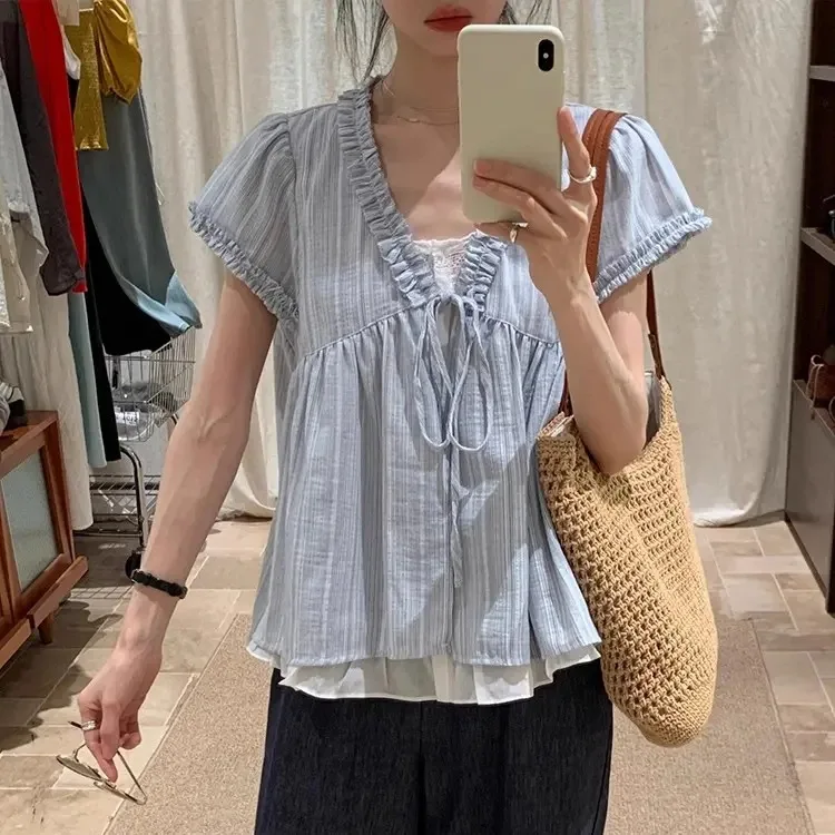 Summer New Small Tie-dye Blue Striped Wooden Lace Two-piece Short-sleeved Shirt
