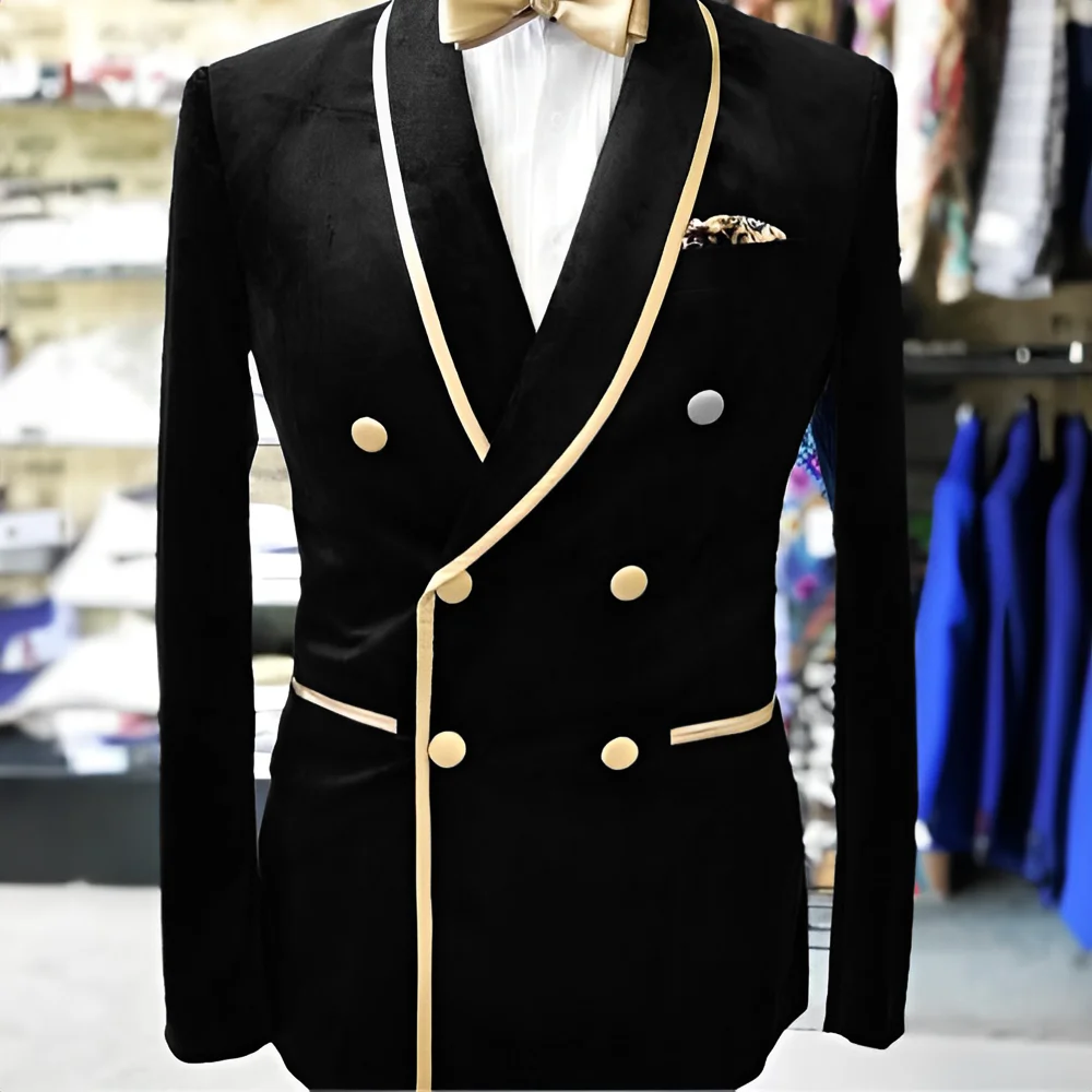 

Velvet Men's Suit 2 Piece Set Double Breasted Jacket Fashion Design Wedding Groom Tuxedo Blazer Pants Customized Men's Suit