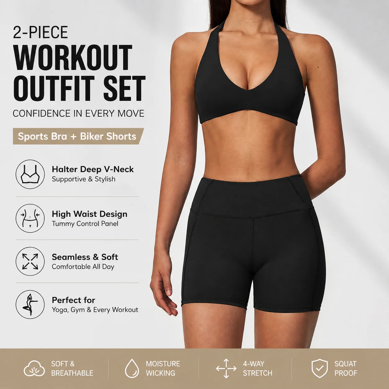 Women's Halter Deep V-Neck Sports Bra and High Waist Seamless Biker Shorts Set 2-Piece Workout Outfit with Tummy Control Panel f