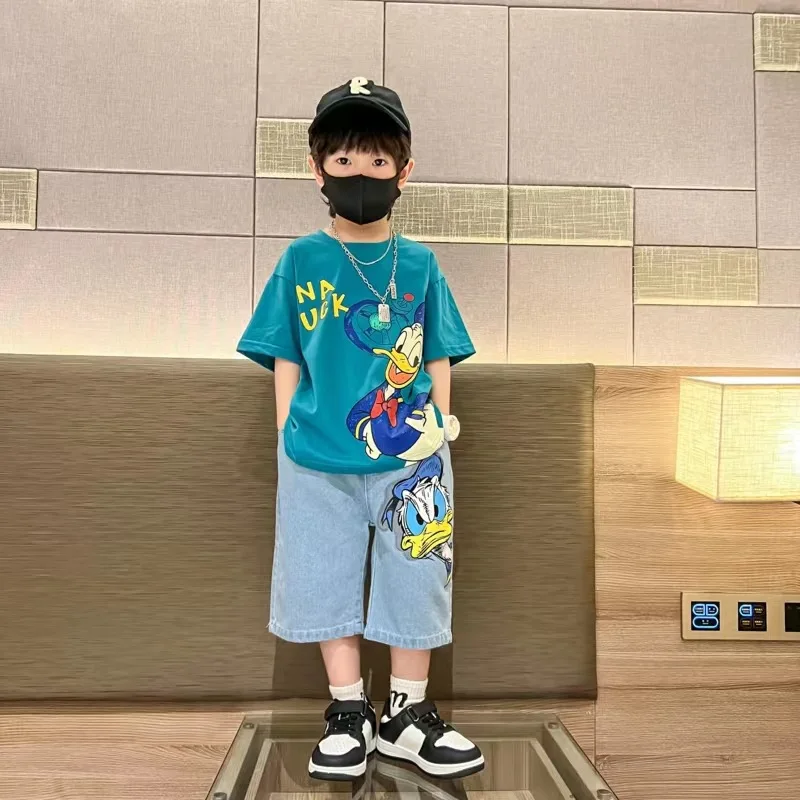 2024 Summer Baby Boys Cotton Clothing Sets Kids Cute Cartoon Donald Duck T-shirt + Jeans 2Pce Suits Childrens Tracksuits Clothes