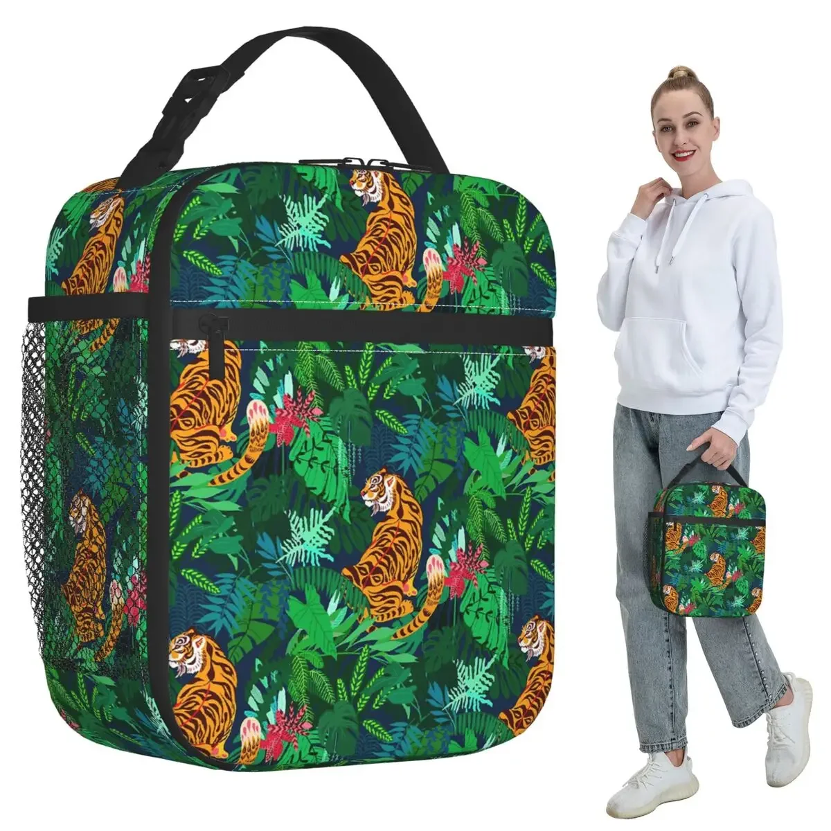 Jungle Tiger And Tropical Floral Insulated Lunch Bag for Kid School Cooler Thermal Food Box Tote Leakproof Lunch Boxes Container