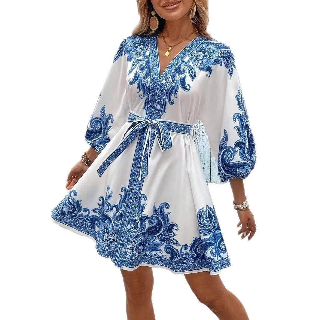 Fashionable Midi Sleeveless Dress with Belt Positioning Floral Design for Women Summer 2025 Elegant Polyester Business Dress