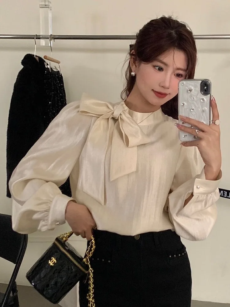 

Ele Korean Sle Loose Long Sve irt Женский модный топ с узлом Sli Простая универсальная модная блузка