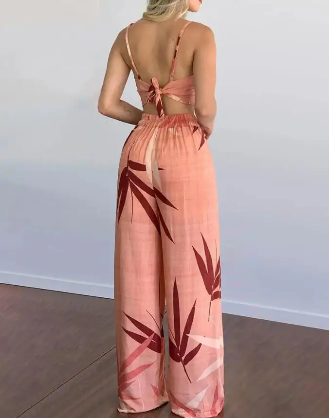 Summer New Women\'s Suit Sexy Sleeveless Backless Womens Outfits Leaf Print Crop Top & Wide Leg Pants Set Long Pants 2 Piece Sets