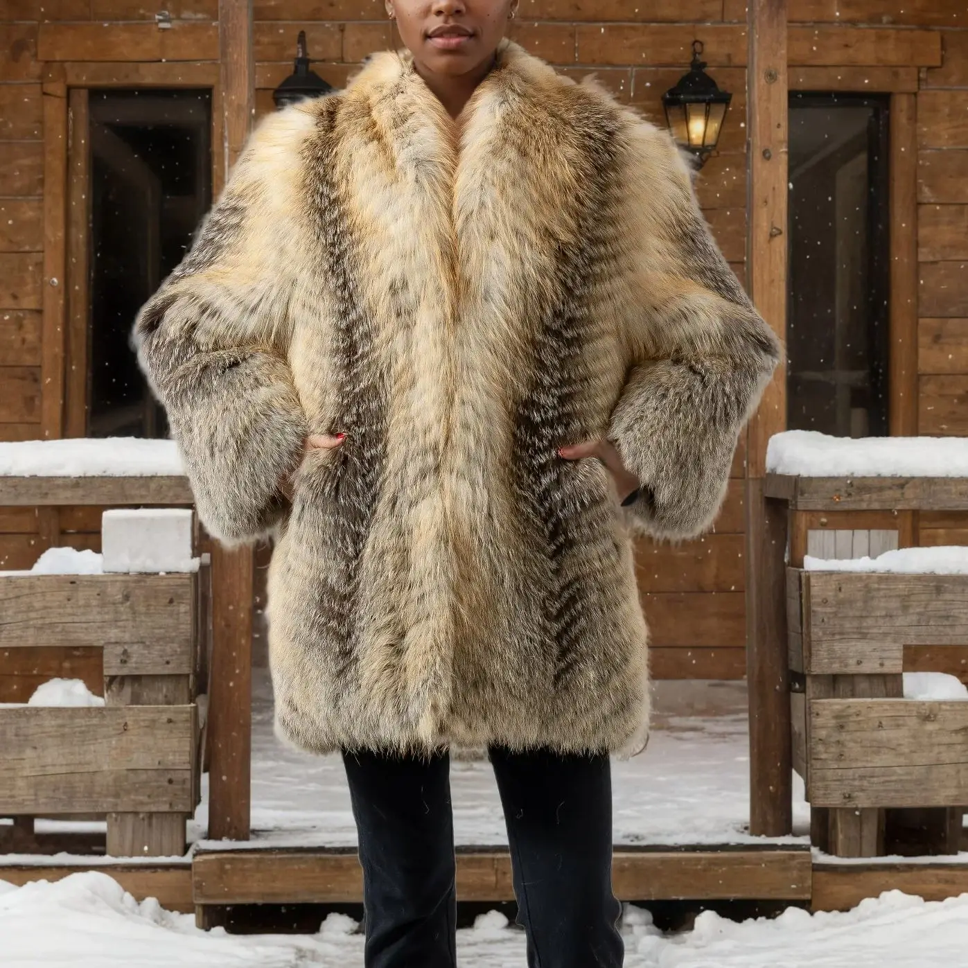 Women Real Golden Island Fox fur Coat make of fur strip sewed together for spring autumn luxury furry jacket coat length 77 cm