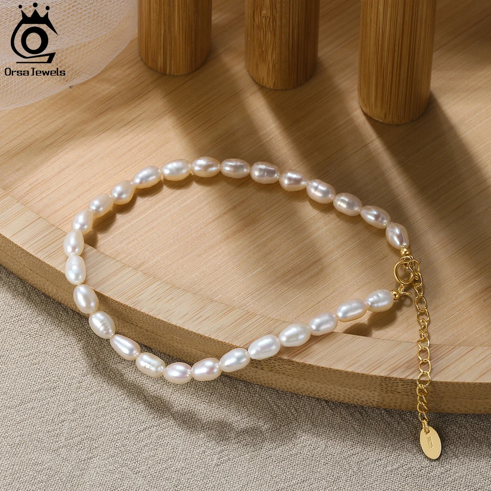 

ORSA JEWELS Elegant 4mm Rice Shape Freshwater Pearl Bracelet S925 Sterling Silver Bead Chain Women's Hand Bracelet Jewelry GPB15