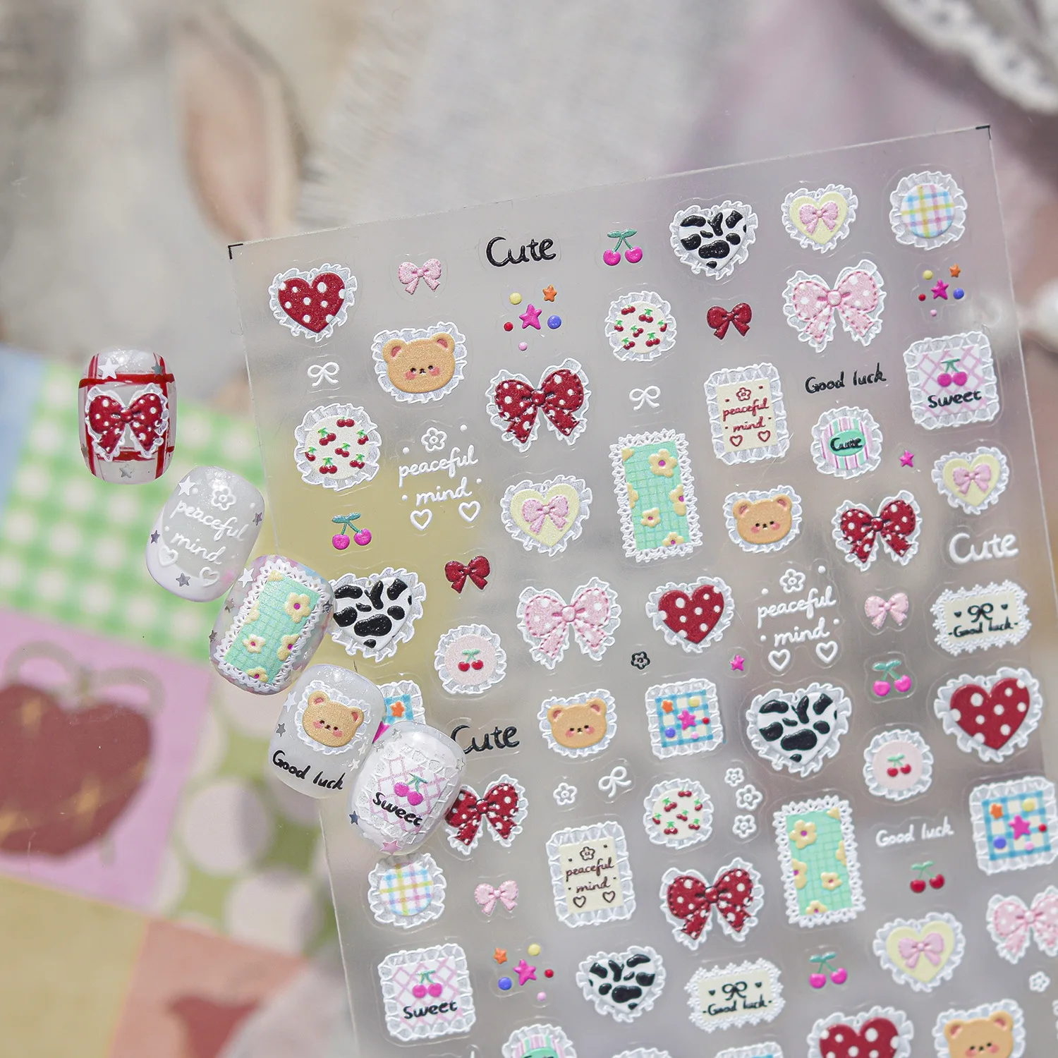 Macaron Bow Dot Love Heart Cute Bear Cow Block Floral Lace Bowknot 5D Nail Art Stickers Self-adhesive Nail Decals Manicure DIY
