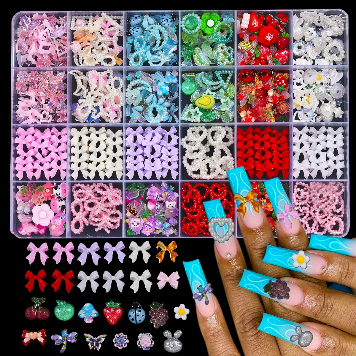 

24 Grids Boxed Resin Nail Decorations in Pink and Red Shades Adorable Pearl Nail Accessories Mixed with Resin Bows