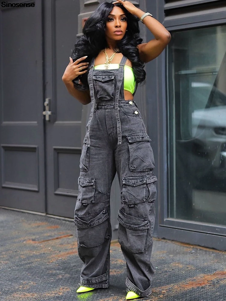 

Women Cargo Denim Jumpsuits Casual Loose Overalls One Piece Sleeveless Multi Pockets Wide Leg Long Jean Pant Rompers Y2K Outfits