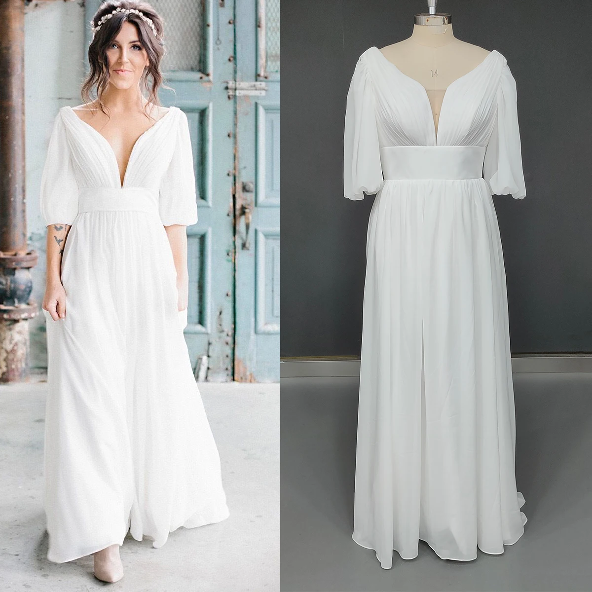 Romântico ruched chiffon simples vestido de casamento francês com decote em v praia vestido de noiva sem costas ombro frio plus size vestido de noiva