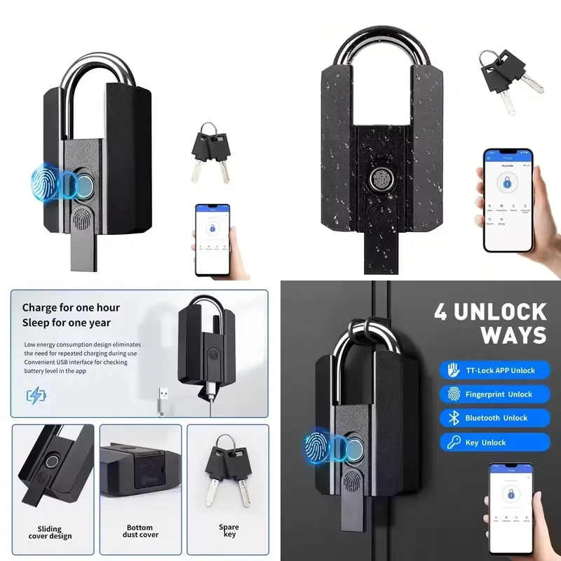 【CHIMU HOME】 IP67 Waterproof TTLOCK Smart Fingerprint Door Rechargeable Outdoor Padlock with Key for TTLOCK