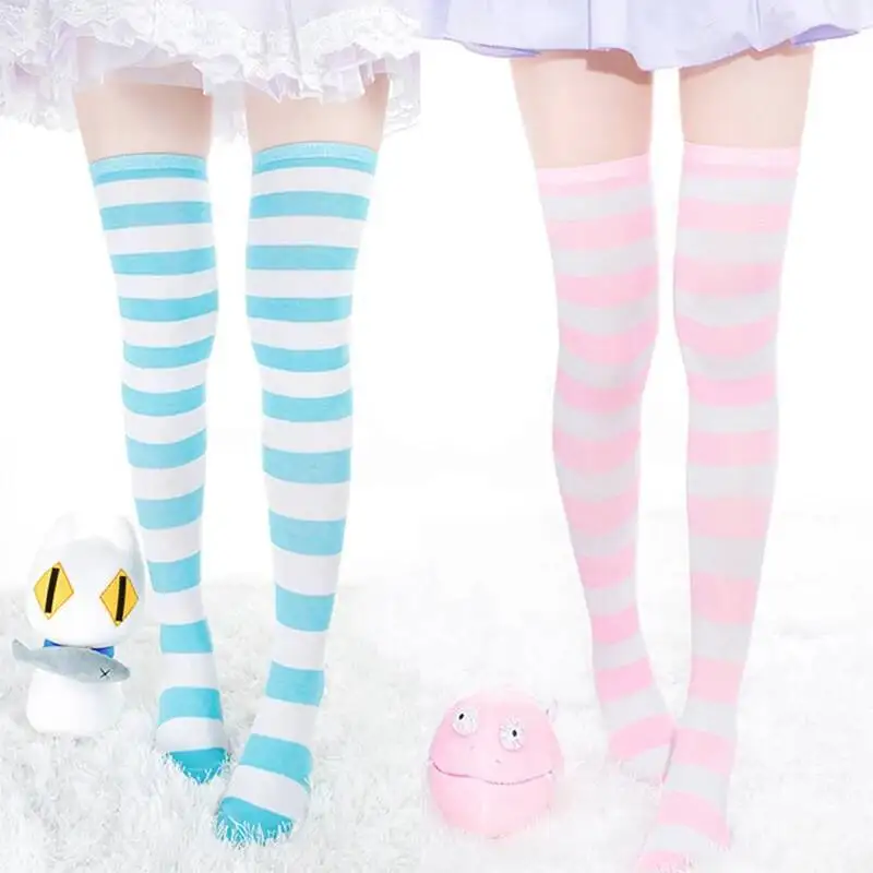 

Anime Game 1Pair New Women Girls Over Knee Long Stripe Printed Thigh High Striped Patterned Socks 7 Colors Sweet Cute Warm Whole