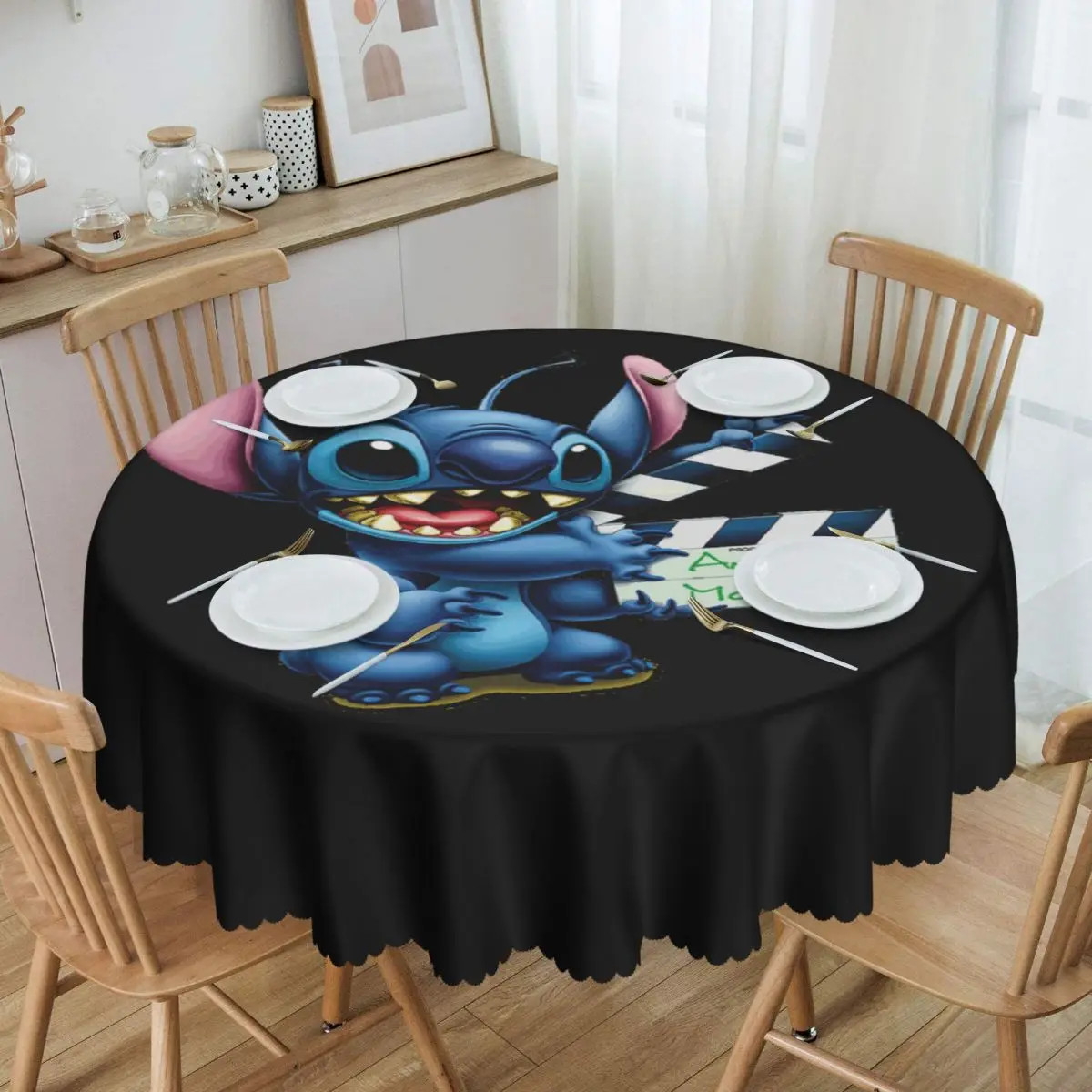 Customized Disney Lion Stitch Round Tablecloths 60 Inches Kawaii Anime Table Covers for Kitchen Table Cloth