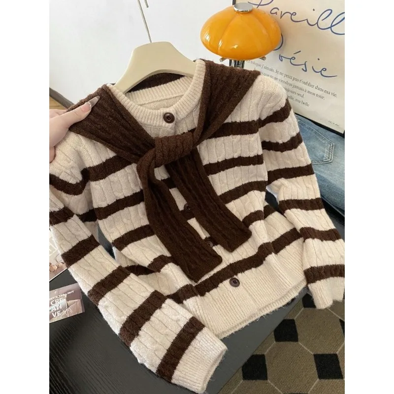 Korean Lazy Style Women Autumn Striped Cable Knit Cardigan Soft Sweater With Matching Knit Shawl