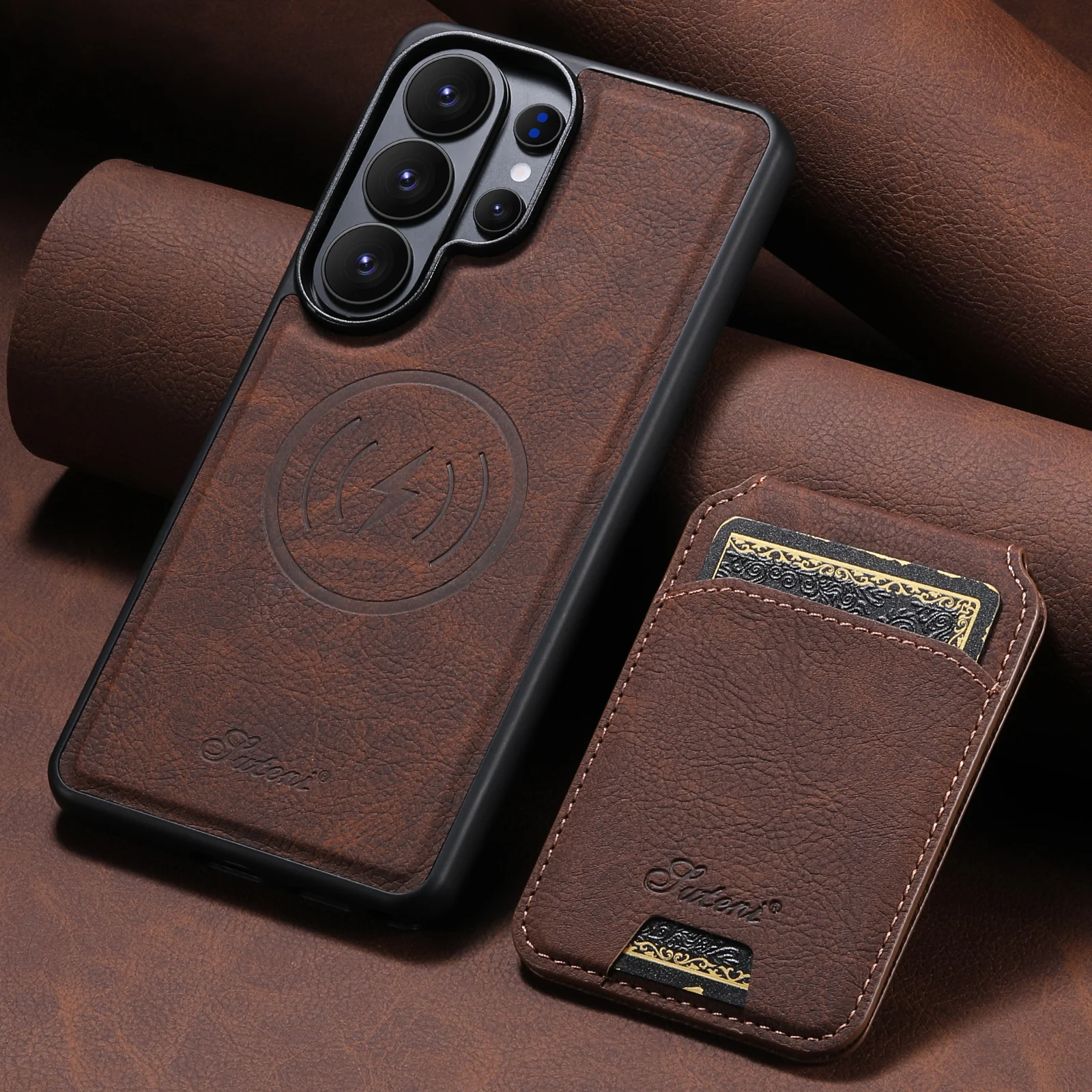 SUTENI Kabellose Lade-Handyhülle mit Magnetkartenhalter und Ständer aus Kunstleder für Samsung Galaxy S26 Ultra S25 Plus S24 S23+