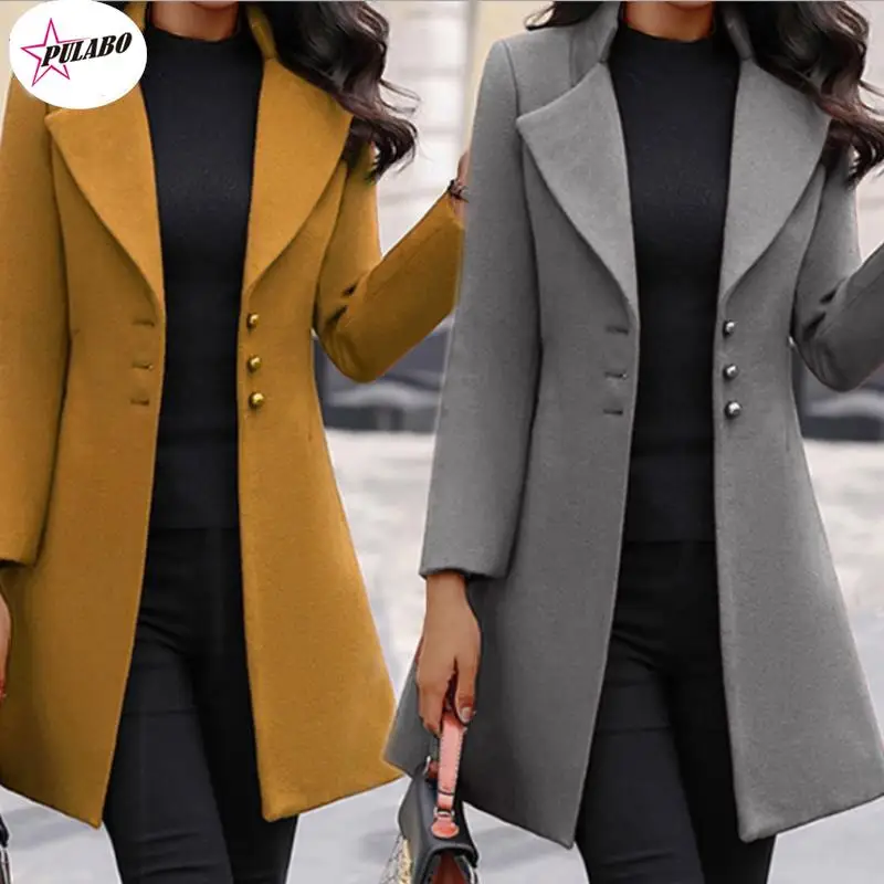 

PULABO Women Fashion Long Sleeve Woolen Coat Lapel Solid Color Long Jacket Coat Korean Version y2k Fall Fashion Long Cardigan