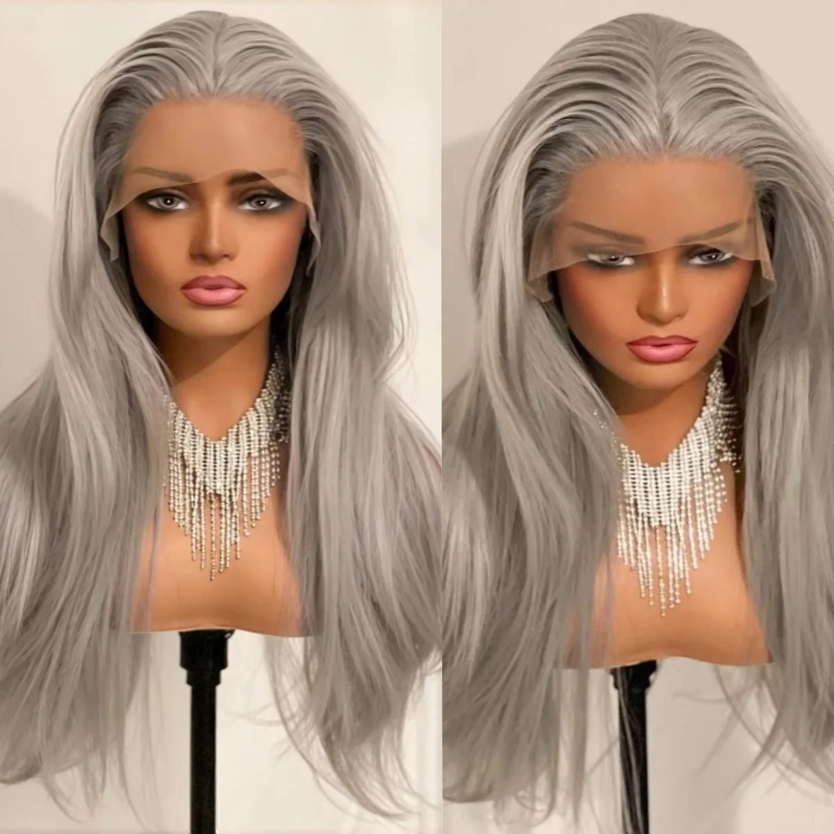 Grey Lace Front Wigs for Women Long Straight High Temperature Fibers Nature Looking Cosplay Wig Glueless Synthetic Lace Wigs