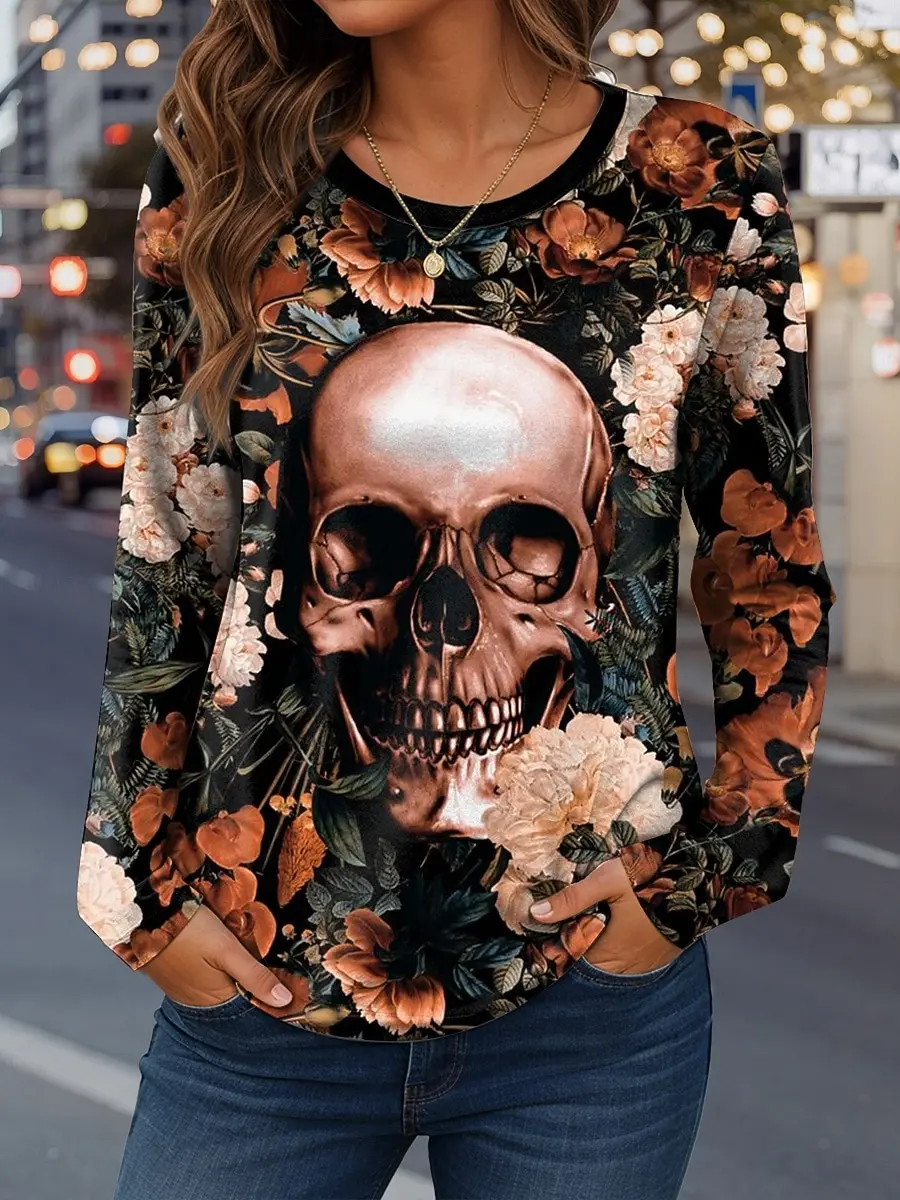 

Women's All-match Halloween Shirt 3D Printed Skull and Floral Combination Print Round Neck Long Sleeve Polyester Top