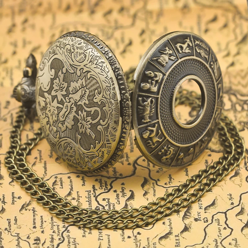 Винтажные бронзовые двенадцать созвездий в стиле стимпанк, полые кварцевые карманные часы, ожерелье, подвеска, цепочка для часов, мужская и женская цепочка, подарок