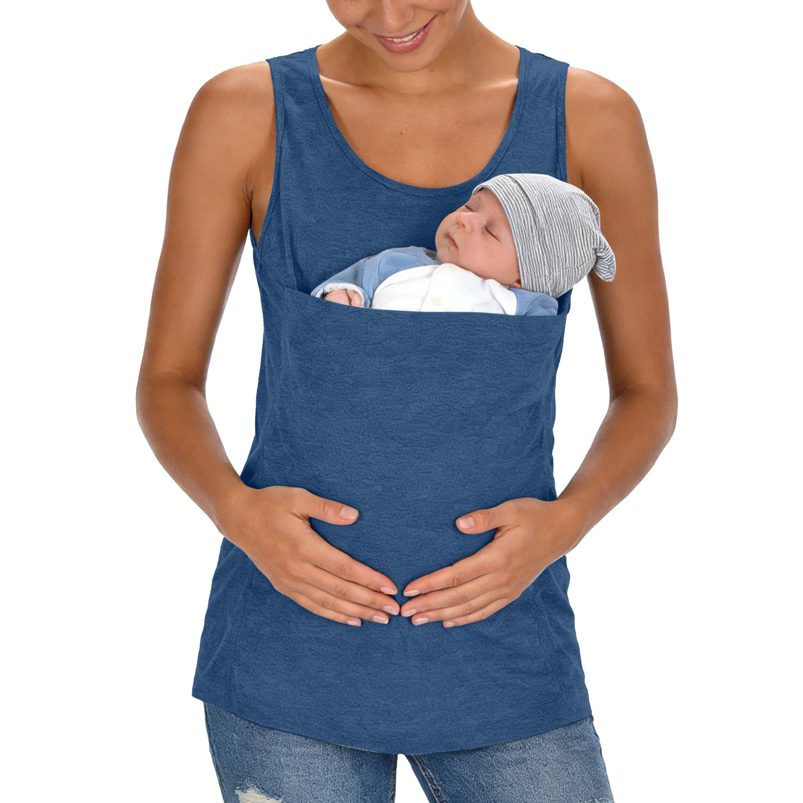 Newborn Baby Carry Pocket Tops For Pregnancy Women Summer Cotton Breathable Plus Size Tops Kangaroo Pocket Sleeveless T Shirts