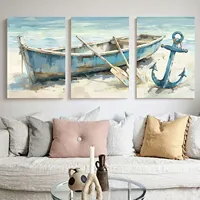 3pcs Frameless Canvas Wall Art - Contemporary Nautical Beach Scene with Blue Boat and Anchor, Indoor/Outdoor Decor for Living