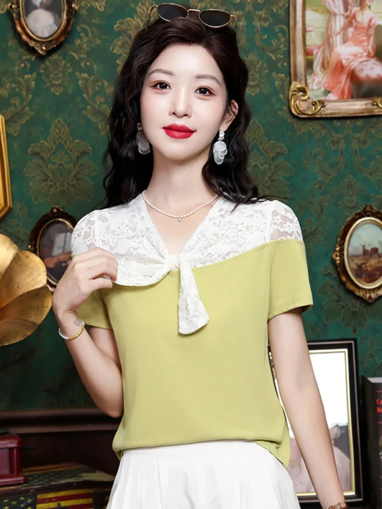 Unique Design Lace Shoulder Wrap Short Sleeve V-Neck Women's T-Shirt Summer New Style Beautiful Commute Style Splice Waist in