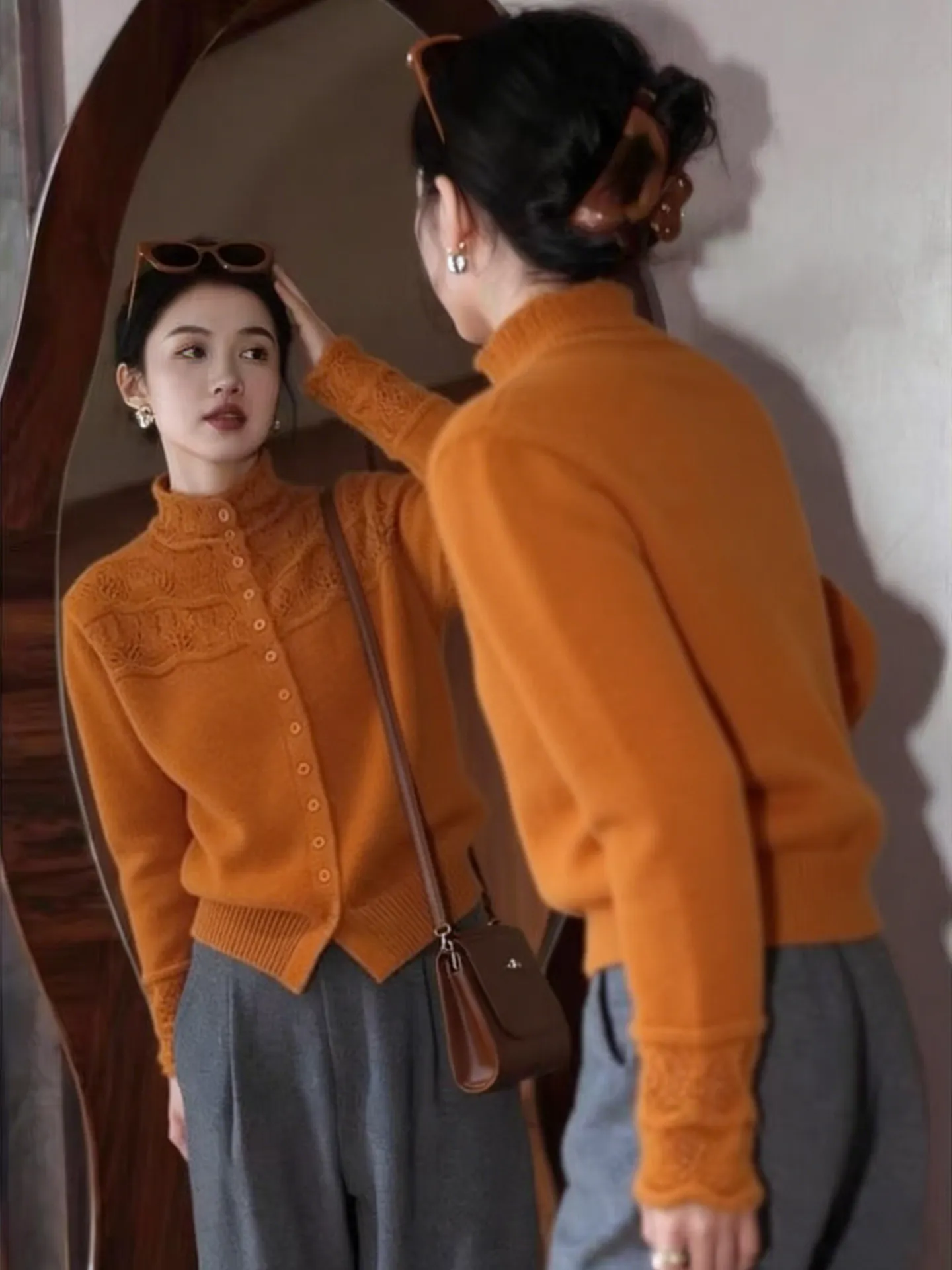 Korean stand-up neck cardigan sweater women's 2026 new autumn and winter can be worn outside and inside hollowed-out knitted top