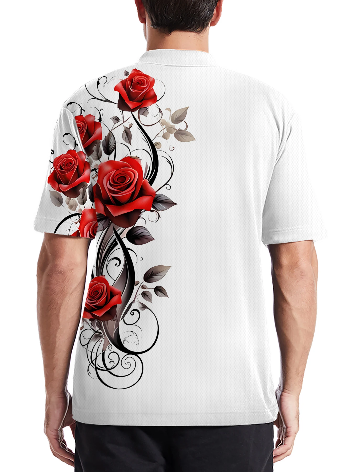 2026 Summer Men's Polo Shirt with Rose Flower Print Breathable Lightweight Casual and Fashionable Men's Clothing