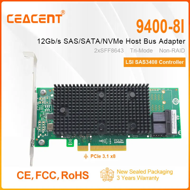 

New 9400-8i SAS3408 Tri-Mode HBA, PCIe 3.1 x8 12Gb/s SAS/SATA/NVMe Host Bus Adapter with 2*MiniSAS HD SFF-8643